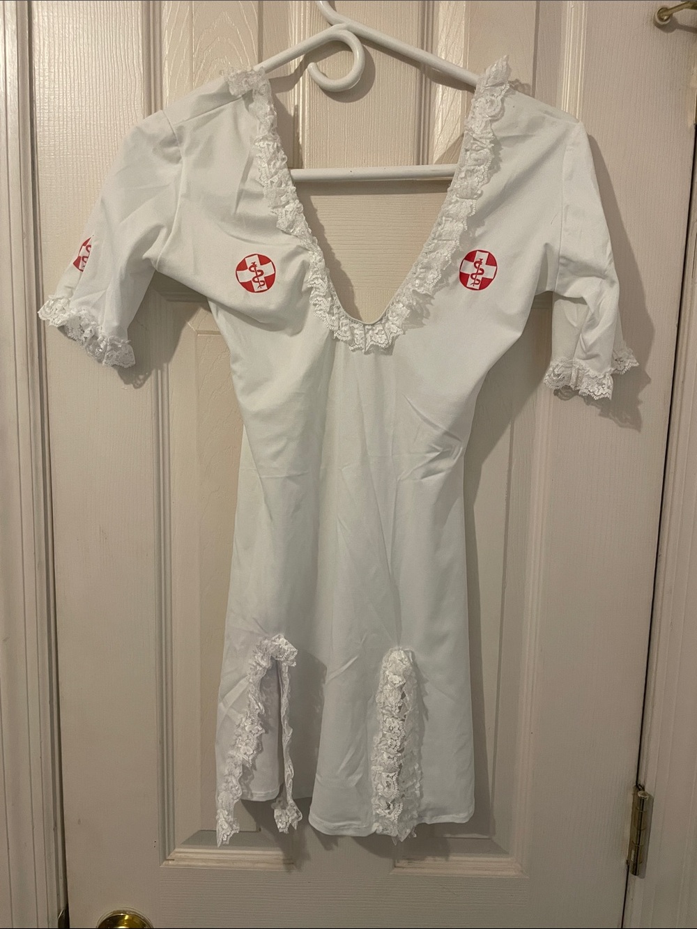 White Lace-Trim Mini Dress - Nurse Patch Accent